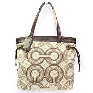 Coach Leigh Slim Tote Bag Audrey Op Art Swirl Brown Multicolor Canvas & Leather